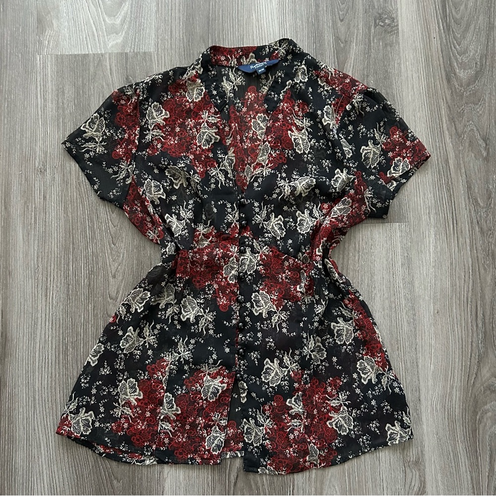 Vintage Reitmans Floral Button Short Sleeve Blouse - Black & Burgundy